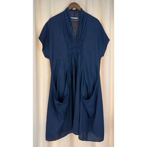 Luna Luz Shawl Collar Linen Shift Dress Navy Blue Size M Lagenlook Boho